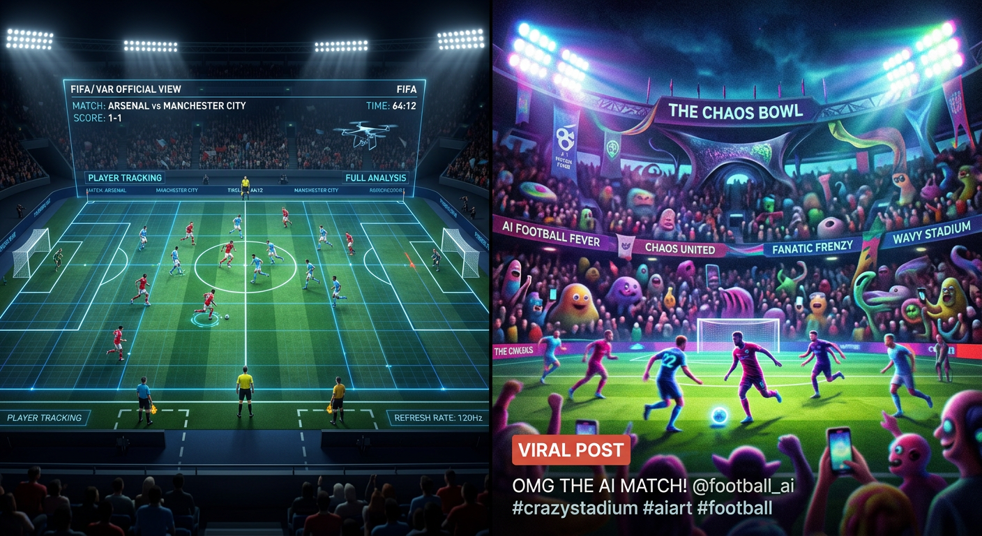 Comparison between precise, high-tech sports broadcast graphics and surreal, generated social media content.