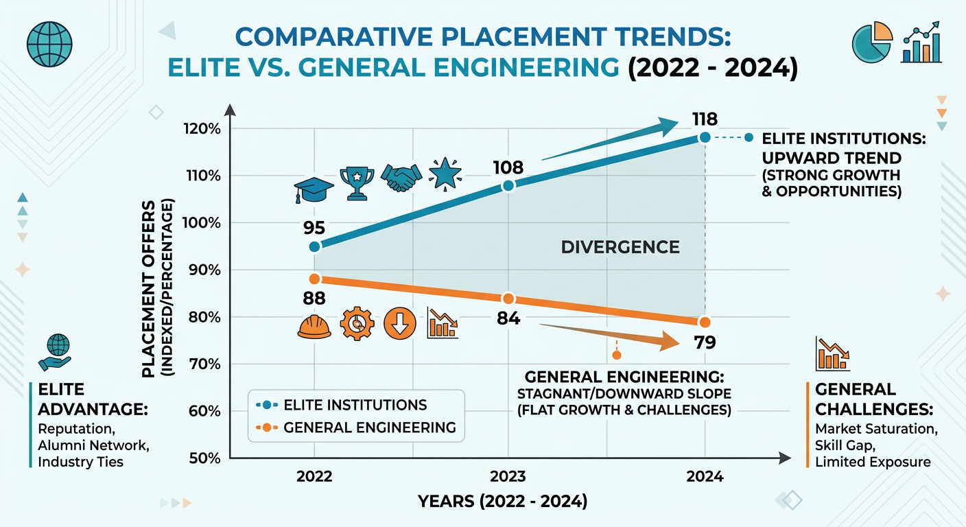 Graph showing the divergence in job placement success between elite and non-elite engineering colleges in India.