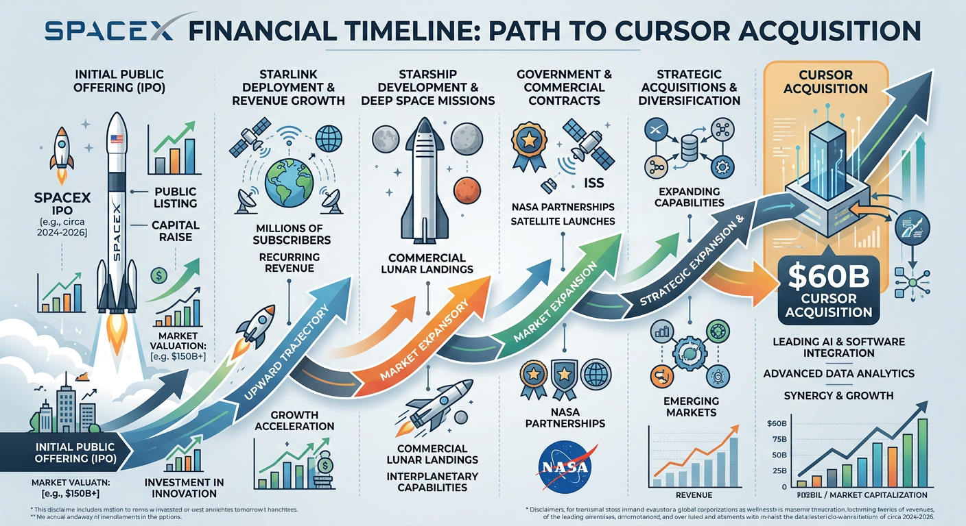 Financial infographic timeline of SpaceX acquisition of Cursor.
