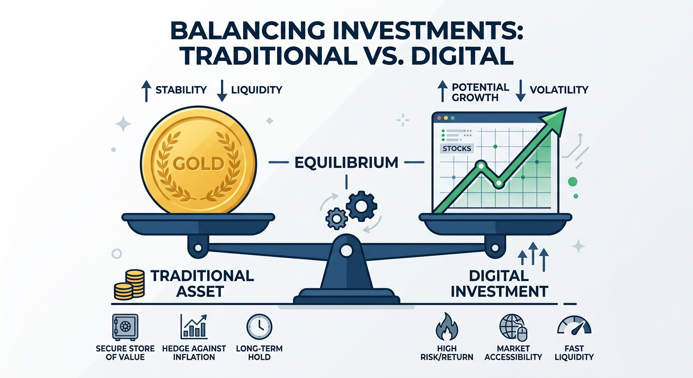Infographic comparing traditional assets like gold with modern digital investment vehicles.