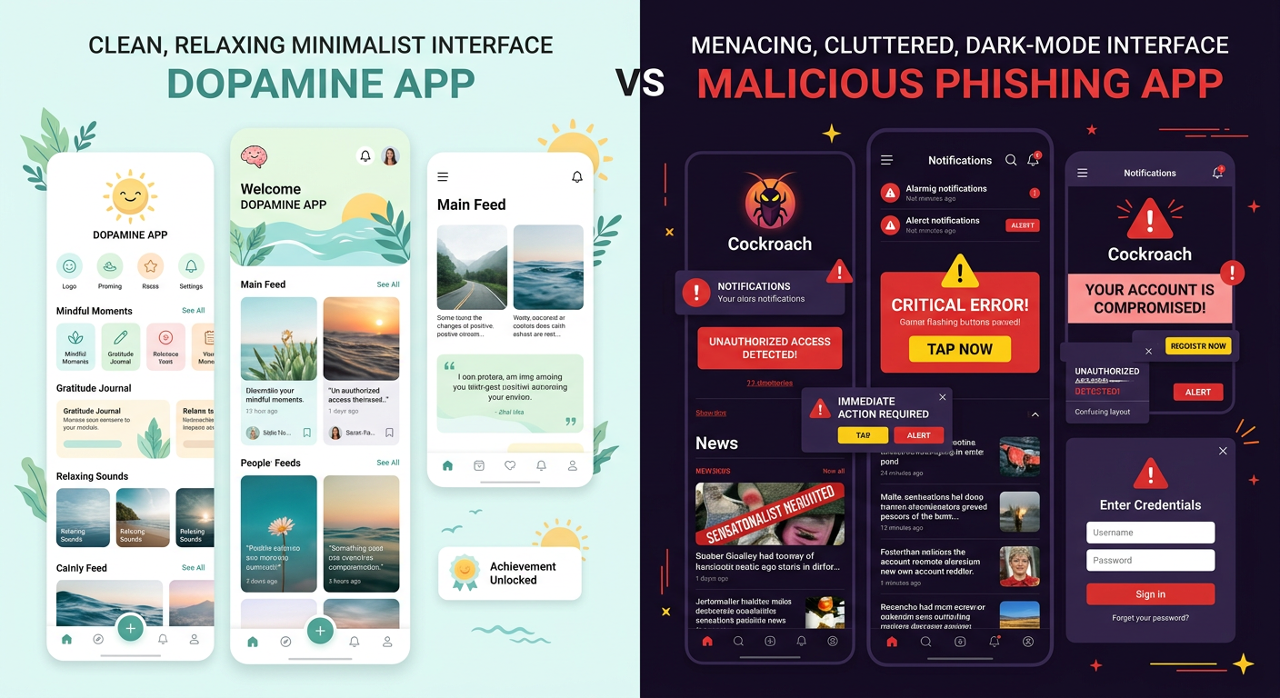 An infographic showing the contrast between a safe digital simulation and a deceptive phishing application.