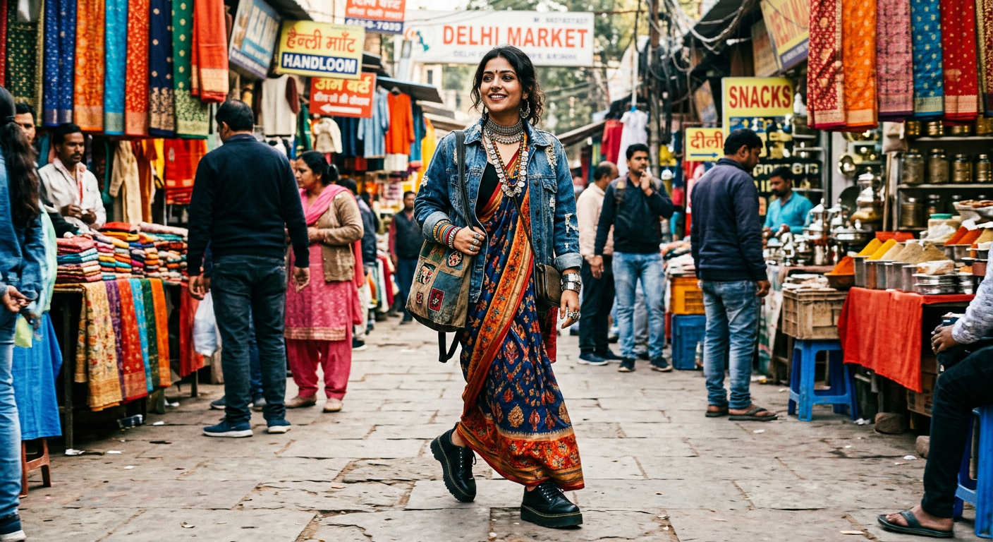 A young Indian woman combining a traditional saree with a modern denim jacket.