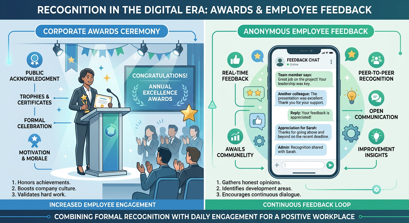 An infographic showing the disconnect between corporate award events and private employee venting on digital platforms.