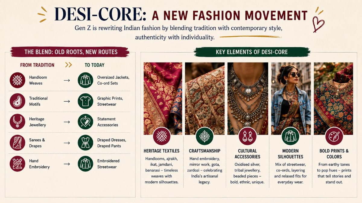 Desi-Core is where heritage textiles, traditional craftsmanship, and modern streetwear converge to create a bold new Indian fashion identity.