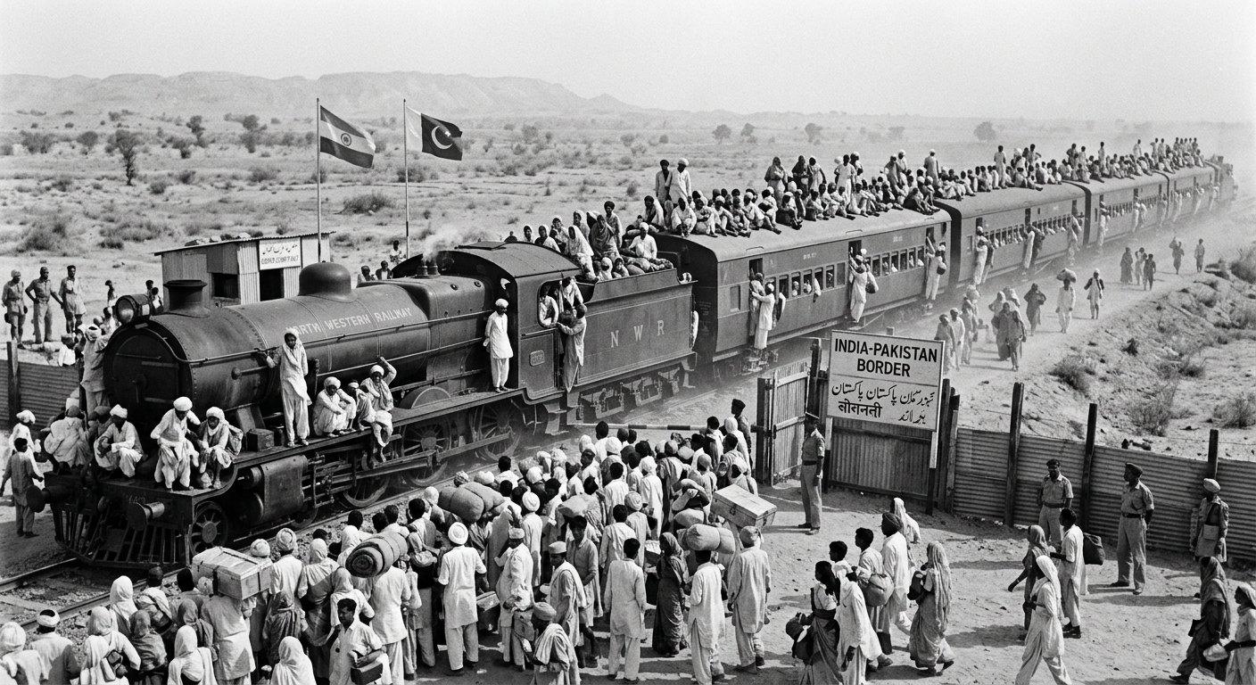 Train showing passengers moving across the Indo-Pak border d