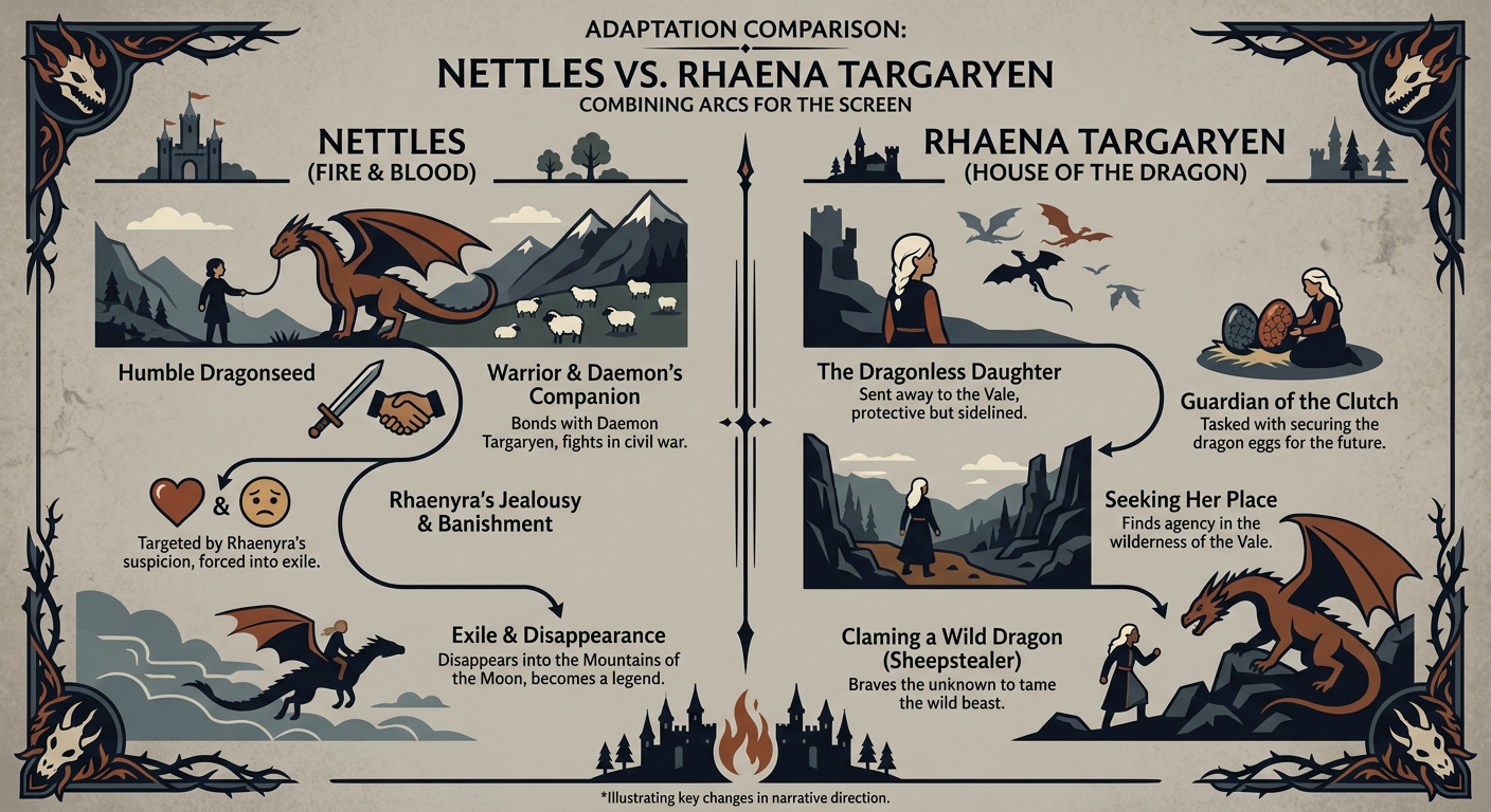 Infographic showing the path of the character Nettles in the source material versus the merged arc of Rhaena in the TV show.