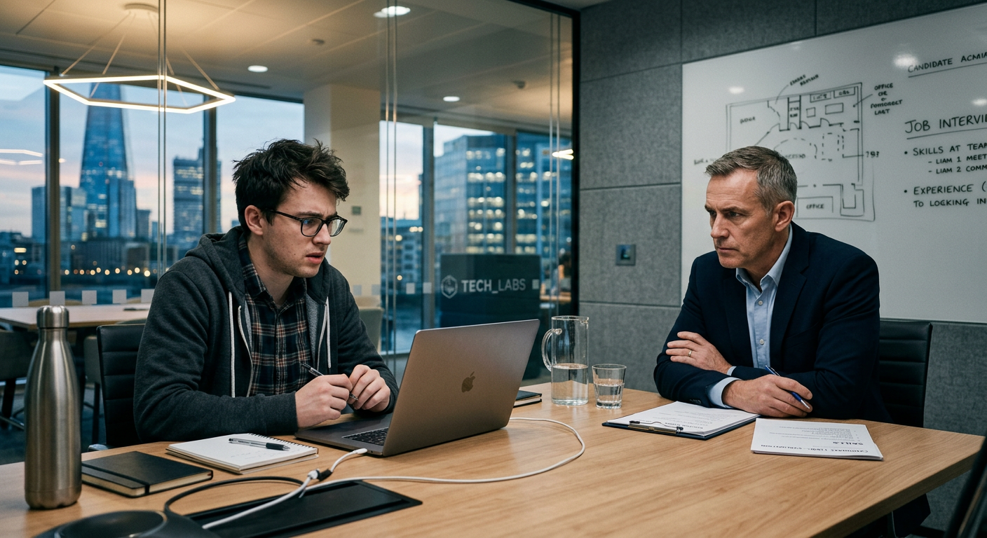 An interviewer observing a candidate during a high-stakes technical interview.