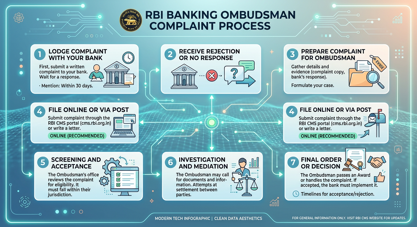 Flowchart showing the steps to claim penalties for failed bank transactions via the Banking Ombudsman.