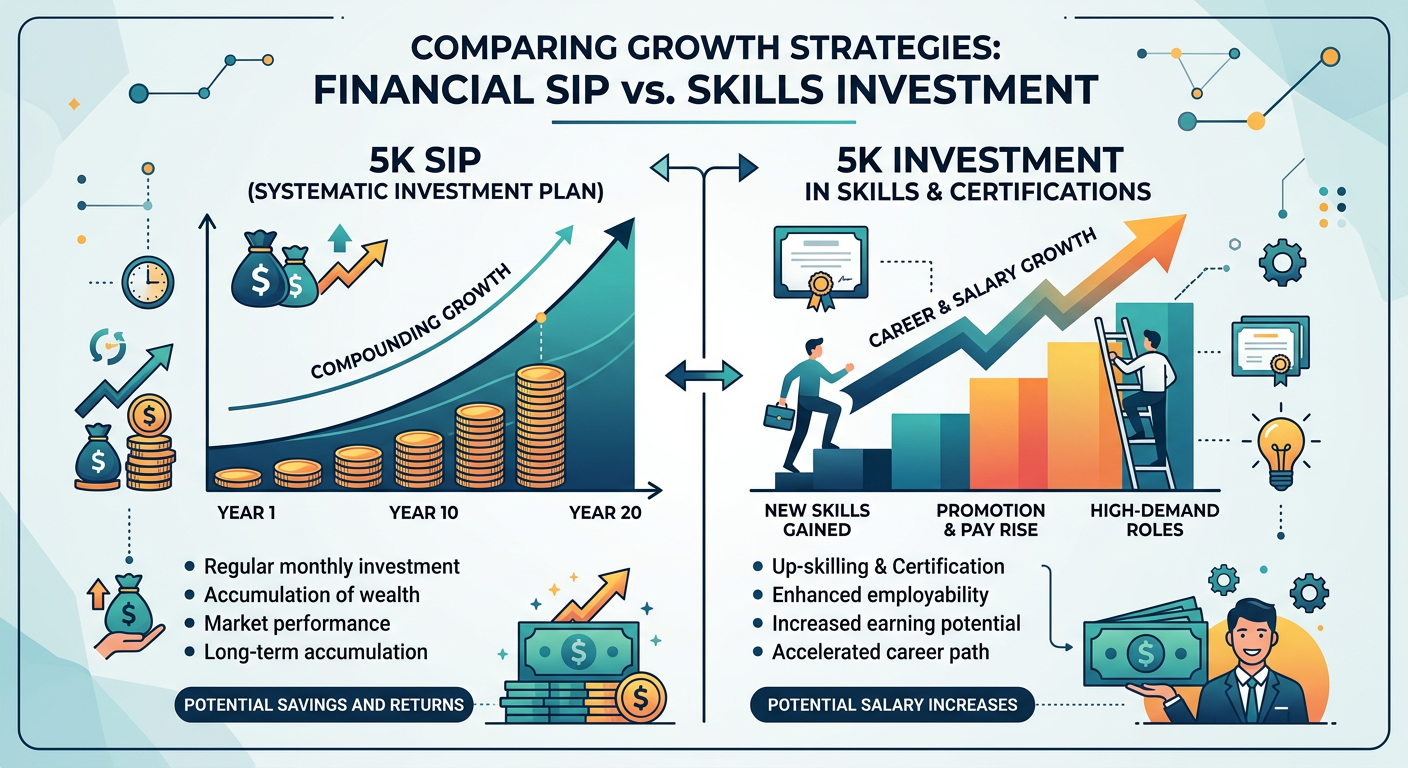 Infographic showing comparison between SIP growth and skill-based income growth.