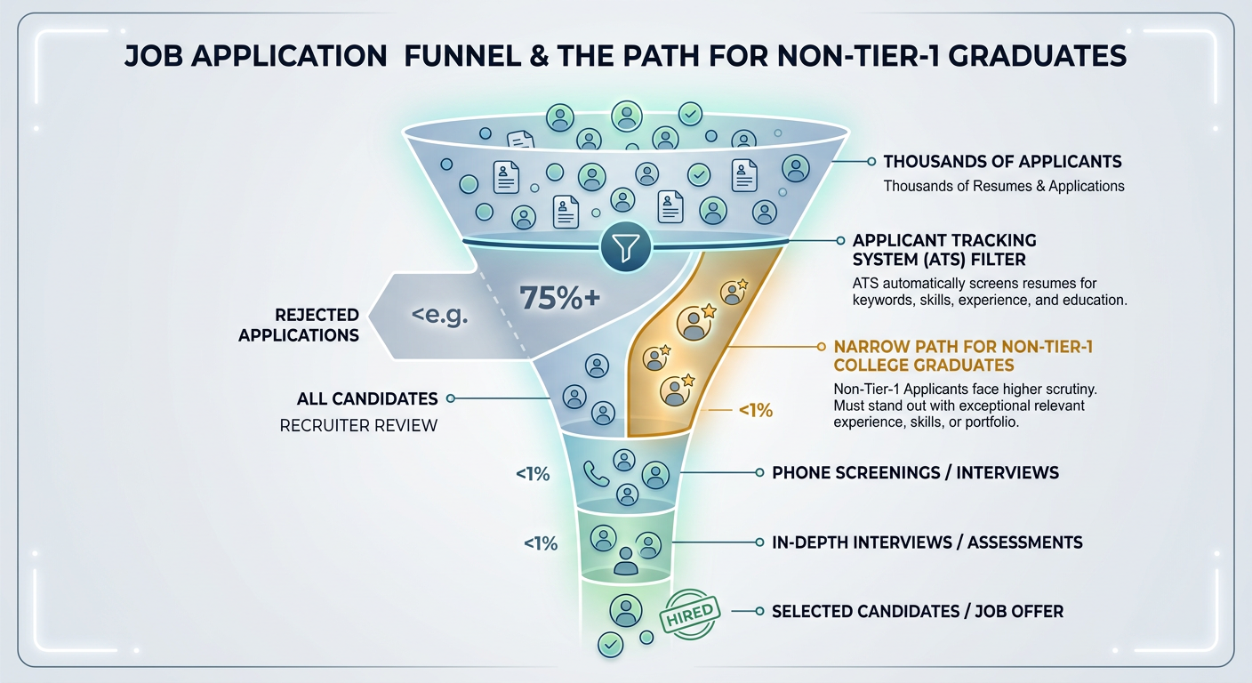 Infographic showing the narrowing of the hiring funnel due to ATS filters and credential bias.