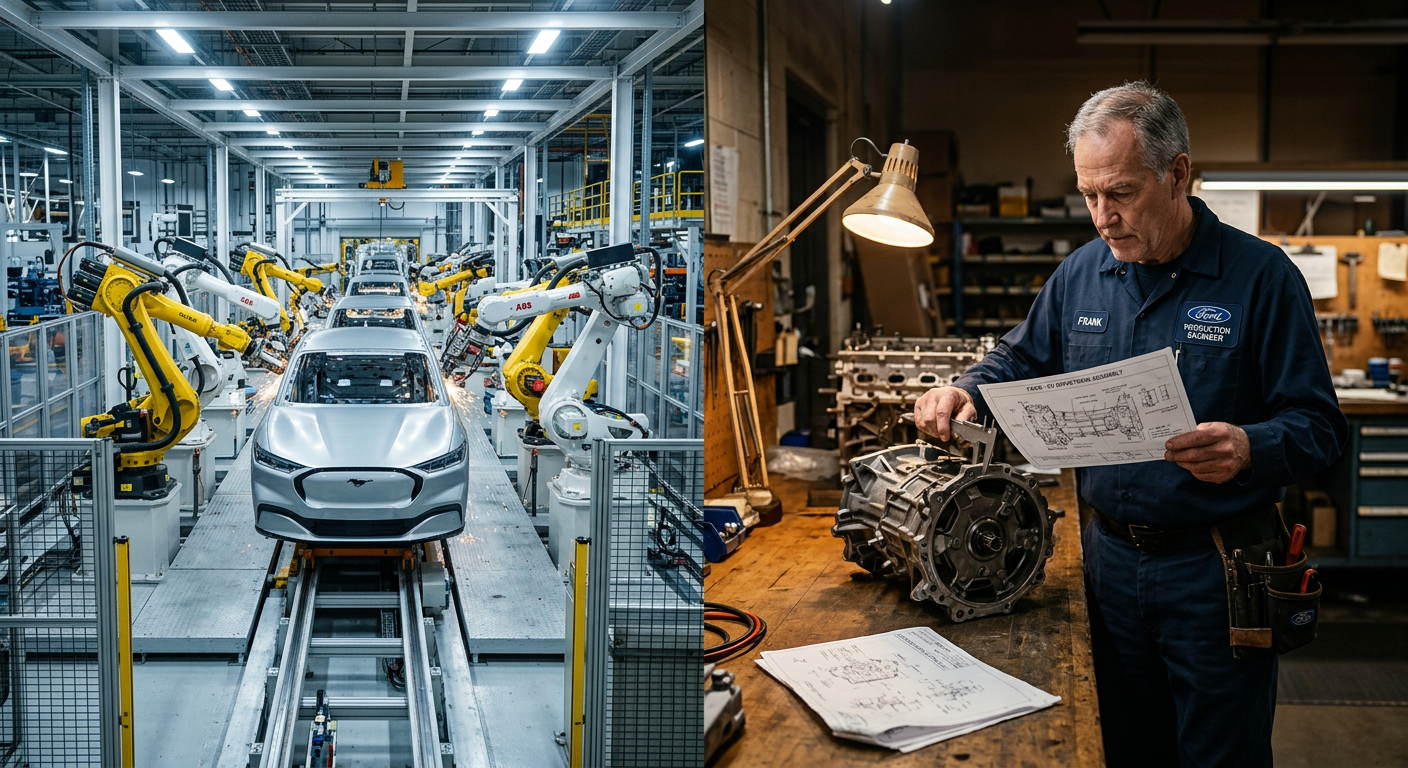 An illustration showing the contrast between sterile robotic manufacturing and human-led engineering at an automotive plant.