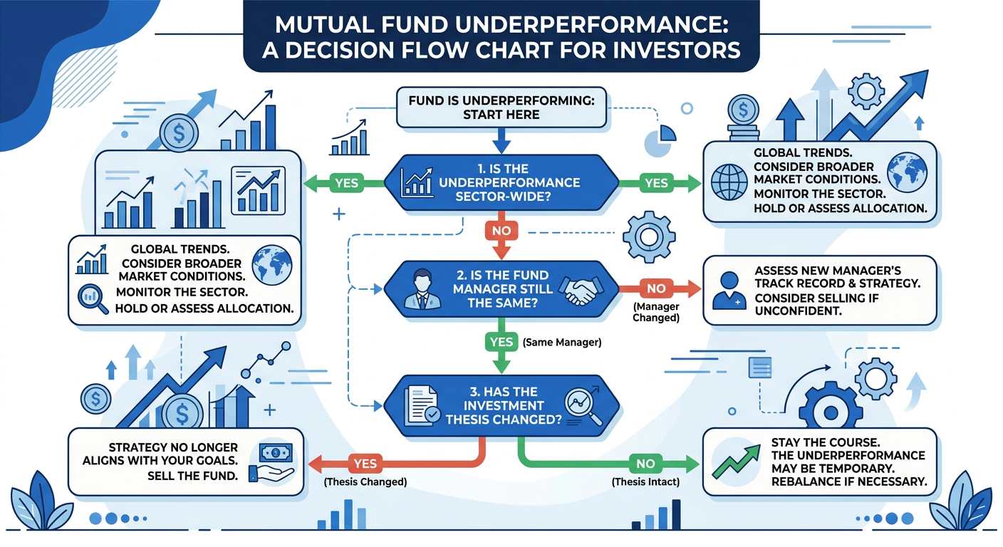 A decision tree infographic helping investors decide when to hold or sell their mutual funds.