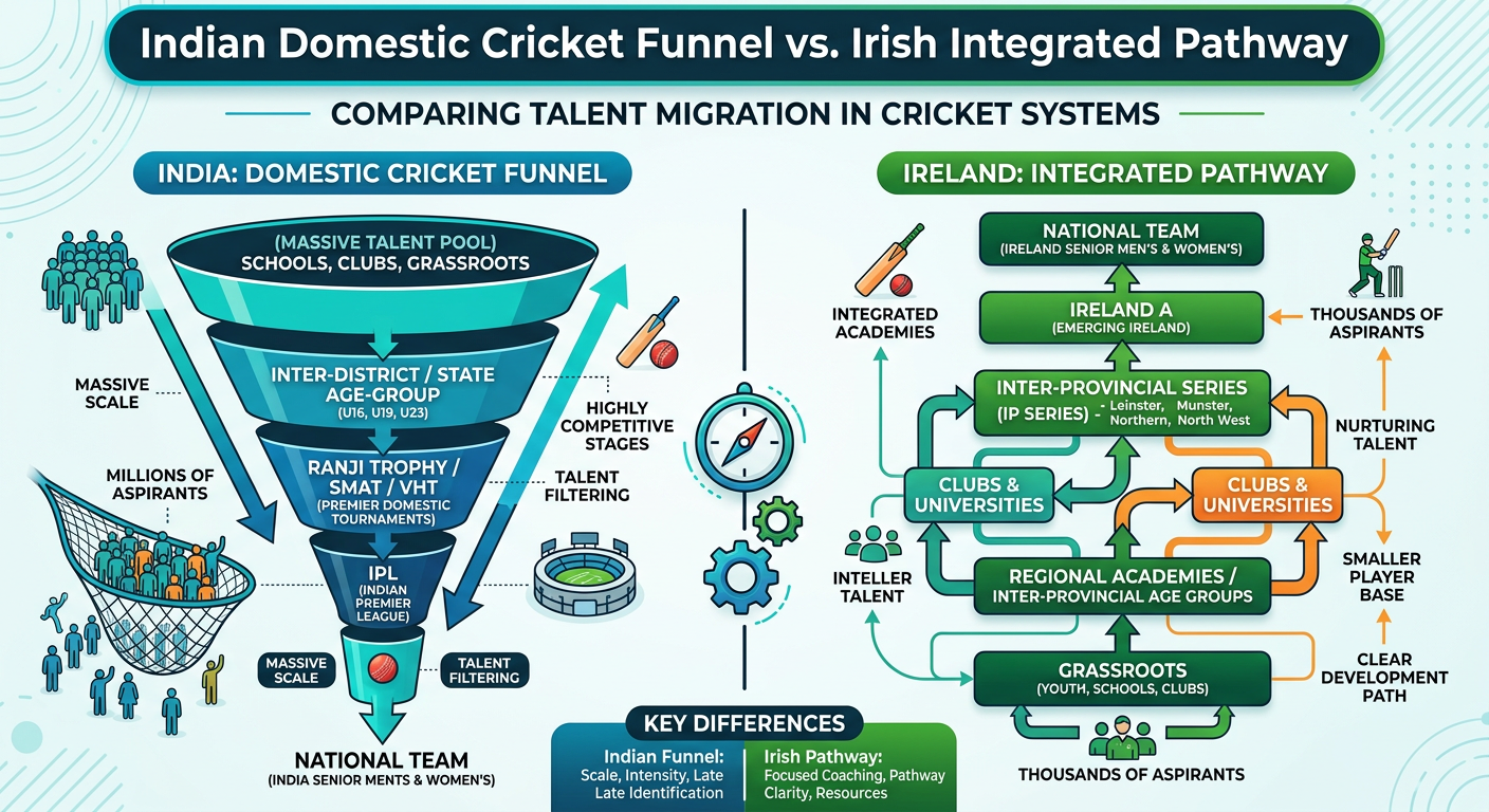Infographic showing the flow of cricket talent from India to international associate nations due to limited domestic pathways.