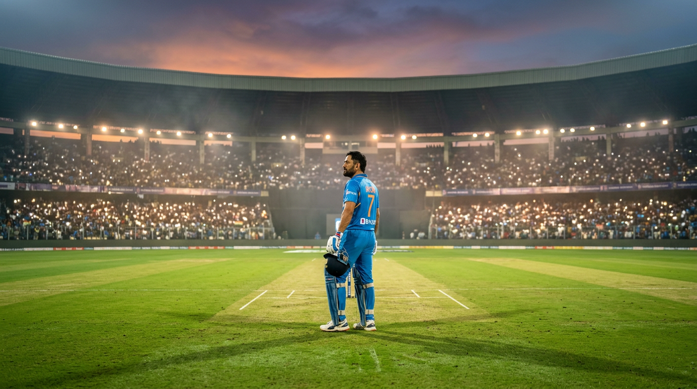 A cinematic wide-angle shot of a lone professional cricket p