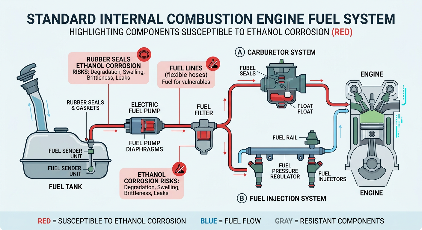 Infographic showing fuel system components at risk from E20 fuel usage.