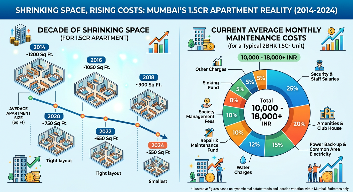 Infographic displaying the reduction in apartment sizes for a 1.5 crore budget in urban India.