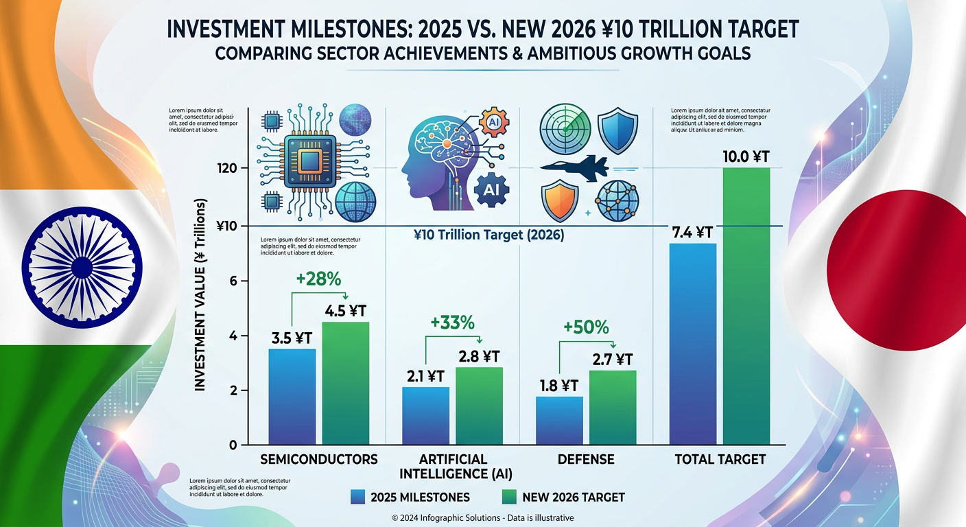 An infographic showing the growth of Japanese investments in India projected to reach 10 trillion yen.