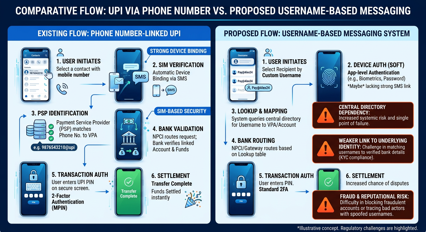 Infographic comparing phone-number-based UPI transactions with proposed anonymous username messaging systems.