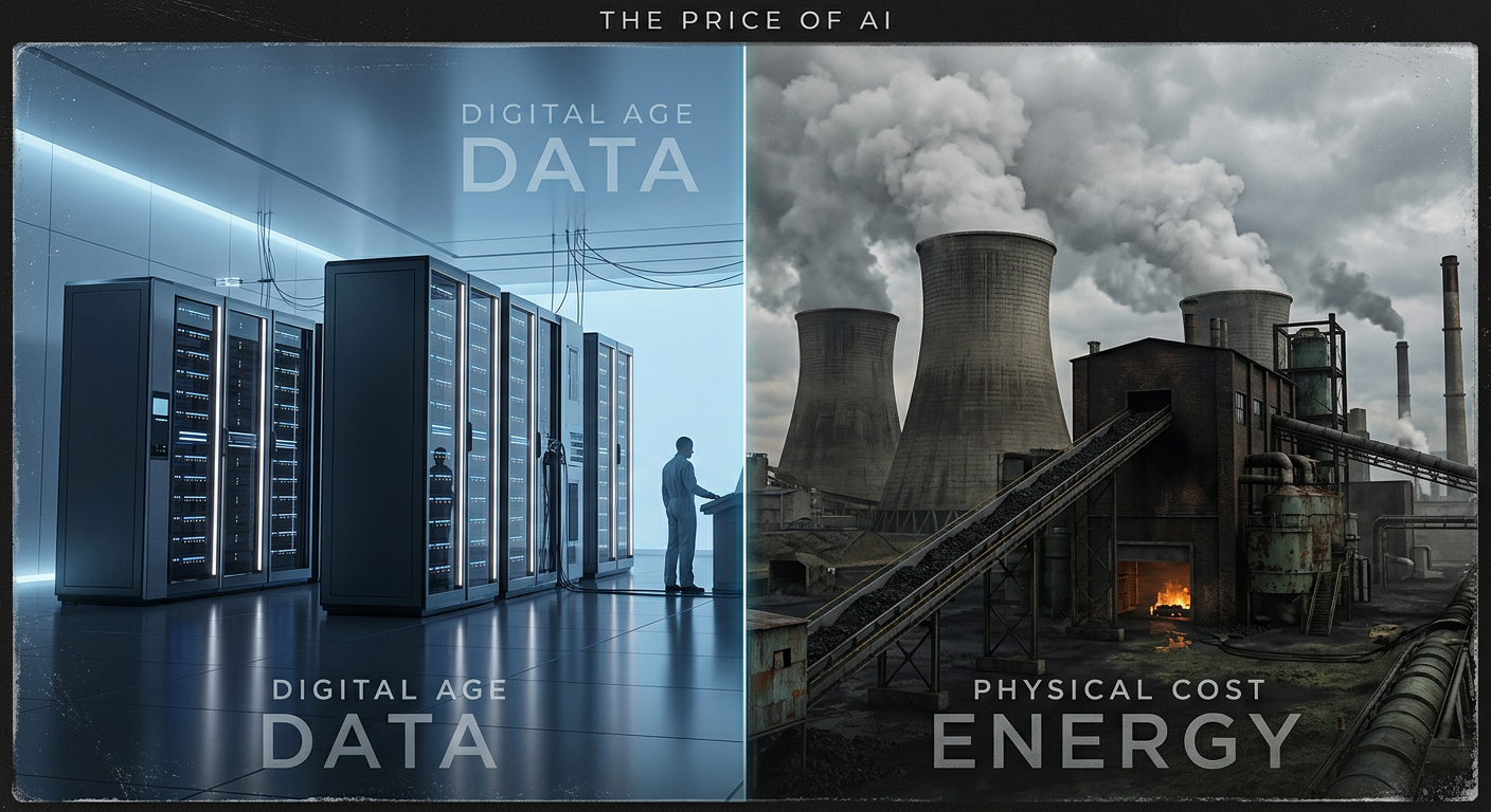 Conceptual art showing the duality of AI technology: clean software marketing versus heavy industrial energy infrastructure.