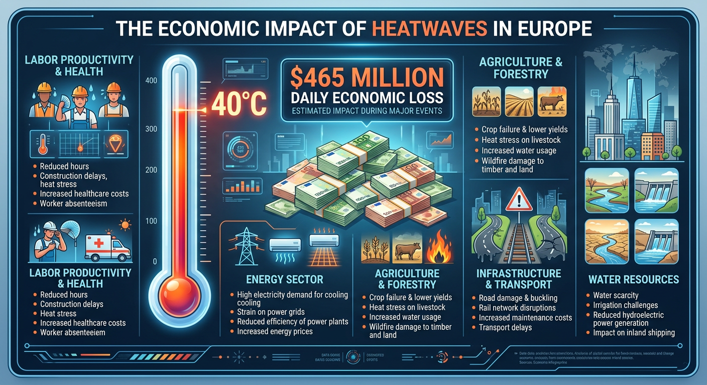 Infographic showing the correlation between daily temperatures above 30 degrees Celsius and economic productivity losses in Europe.