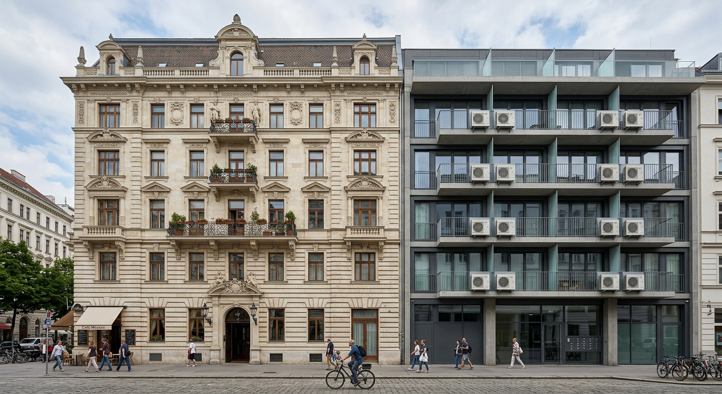 A photograph highlighting the contrast between traditional European architecture and modern cooling infrastructure.