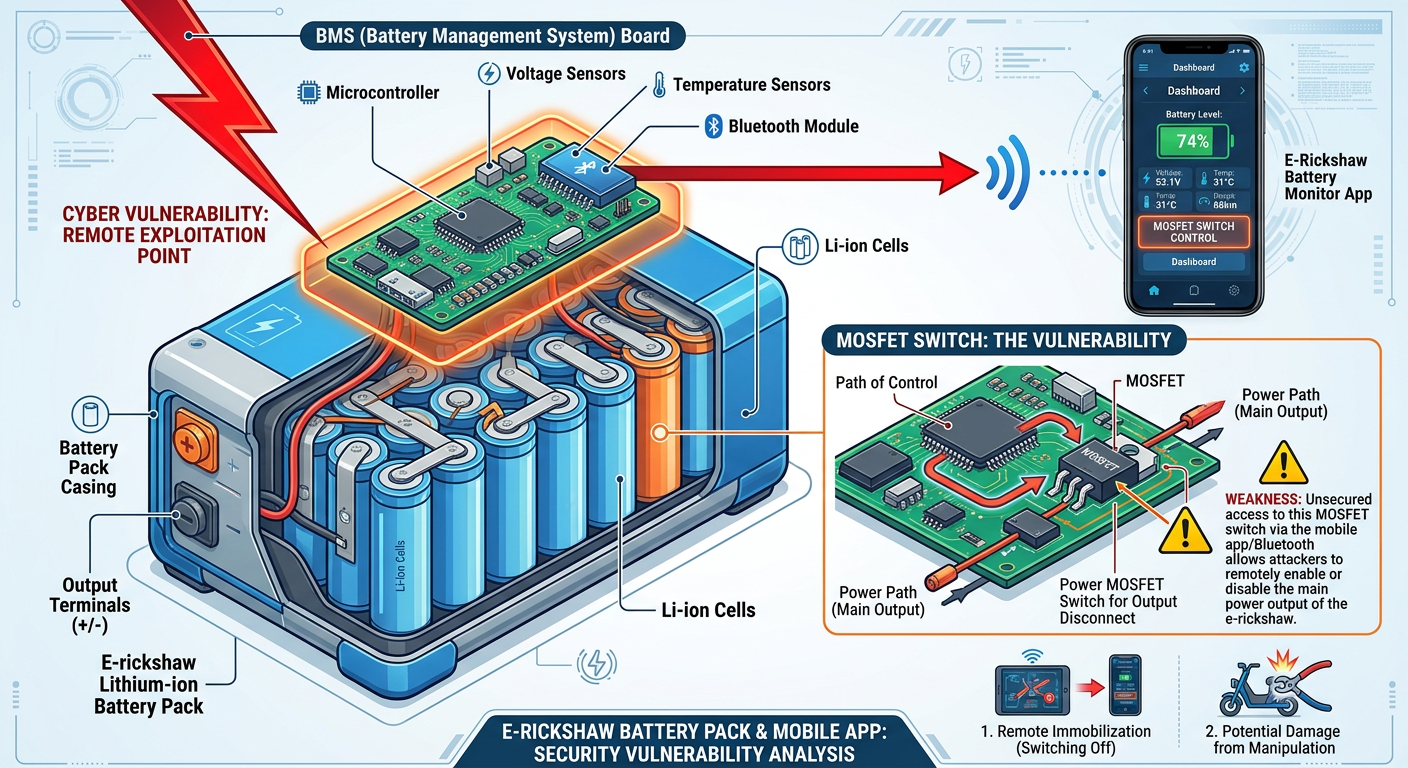 Diagram showing battery, BMS, and Bluetooth module connection vulnerabilities.