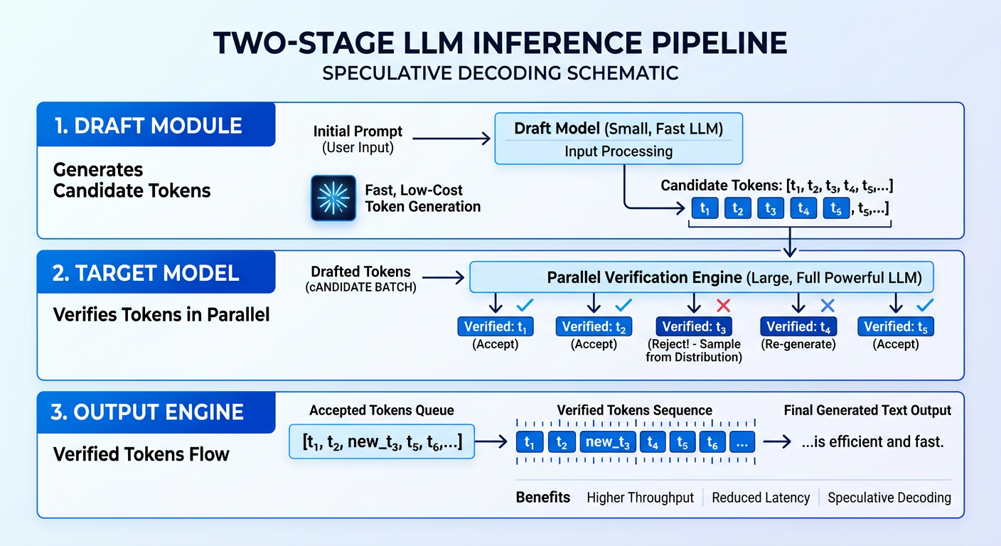 Diagram showing the flow of speculative decoding from a draft module to a target model and final output.