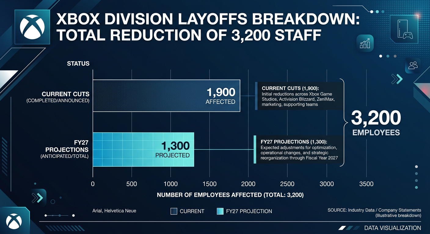 Bar chart showing immediate layoffs of 1,600 employees and future projected layoffs of 1,600 by fiscal year 2027.
