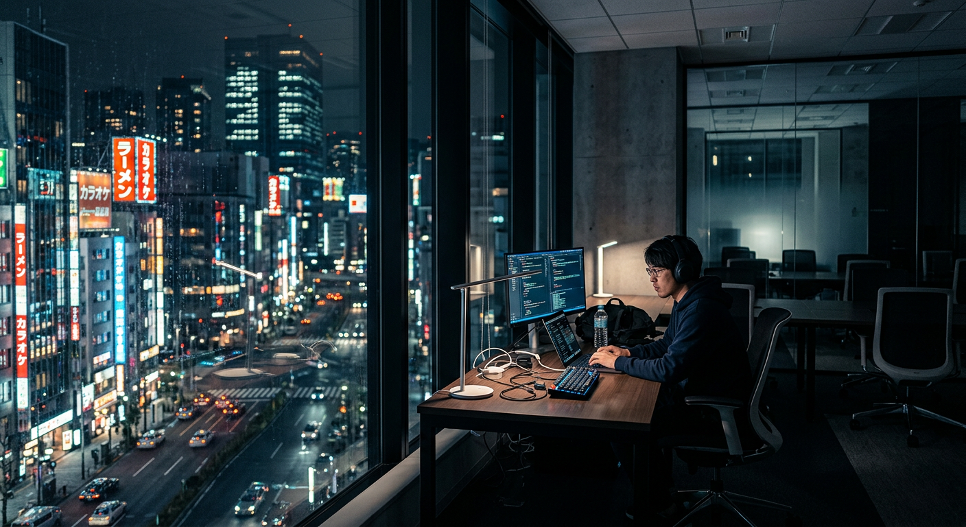 An Indian software developer working alone in a modern Japanese office during the night.