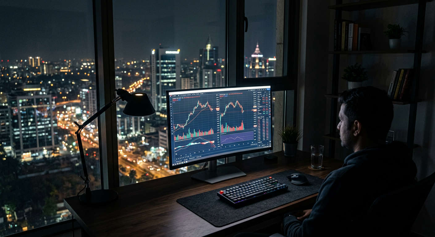 A dark, modern office desk with financial charts on a screen, representing the burden of wealth management.
