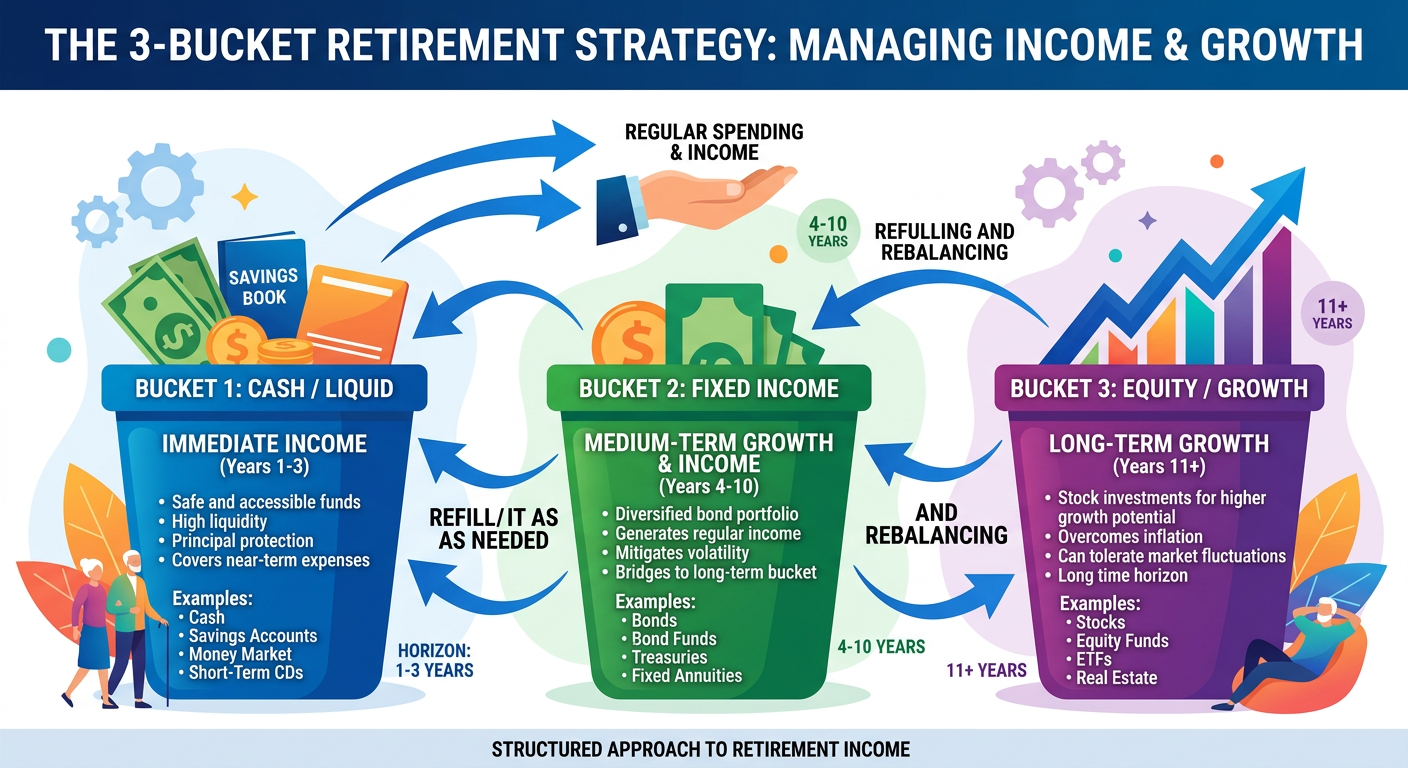 Infographic showing the three-bucket financial strategy for retirees.