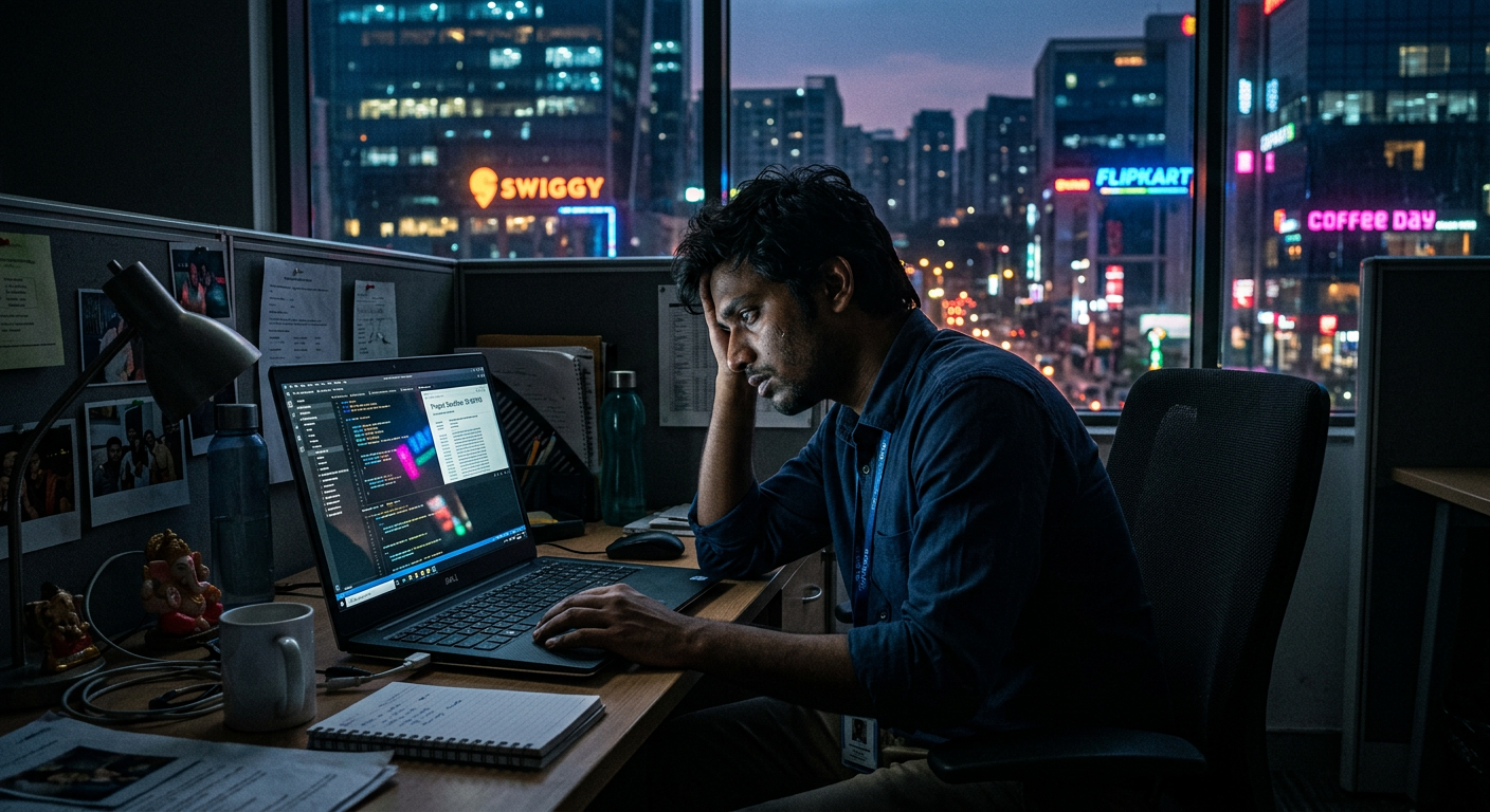 An office worker sitting at a desk late at night looking exhausted in a dimly lit office.
