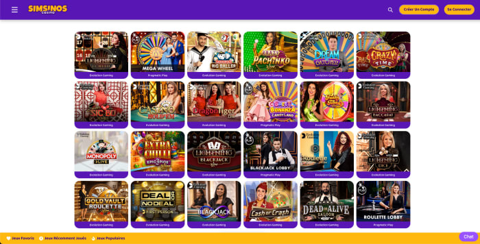 Live casino simsinos jeux en direct HD