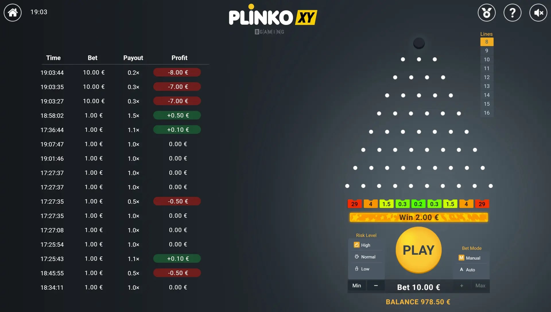 Plinko XY BGaming — multiplikátor