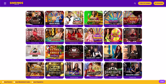 Live casino simsinos jeux en direct