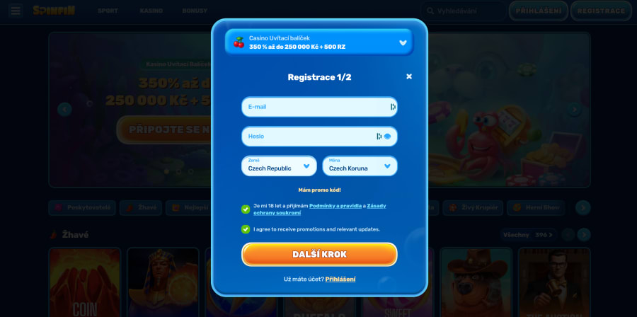 Registrace a ověření účtu na Spinfin