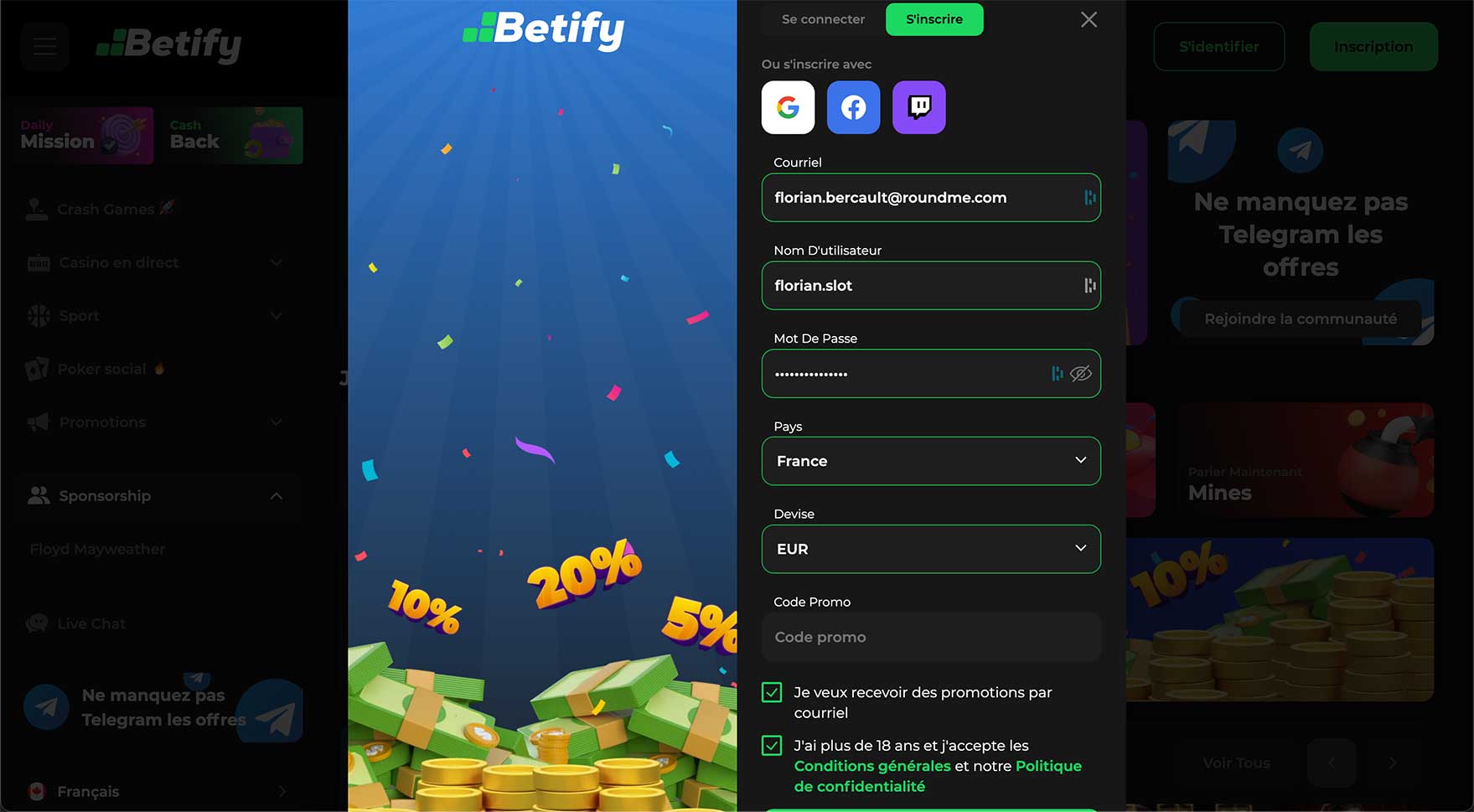 Inscription sur le casino en ligne Betify