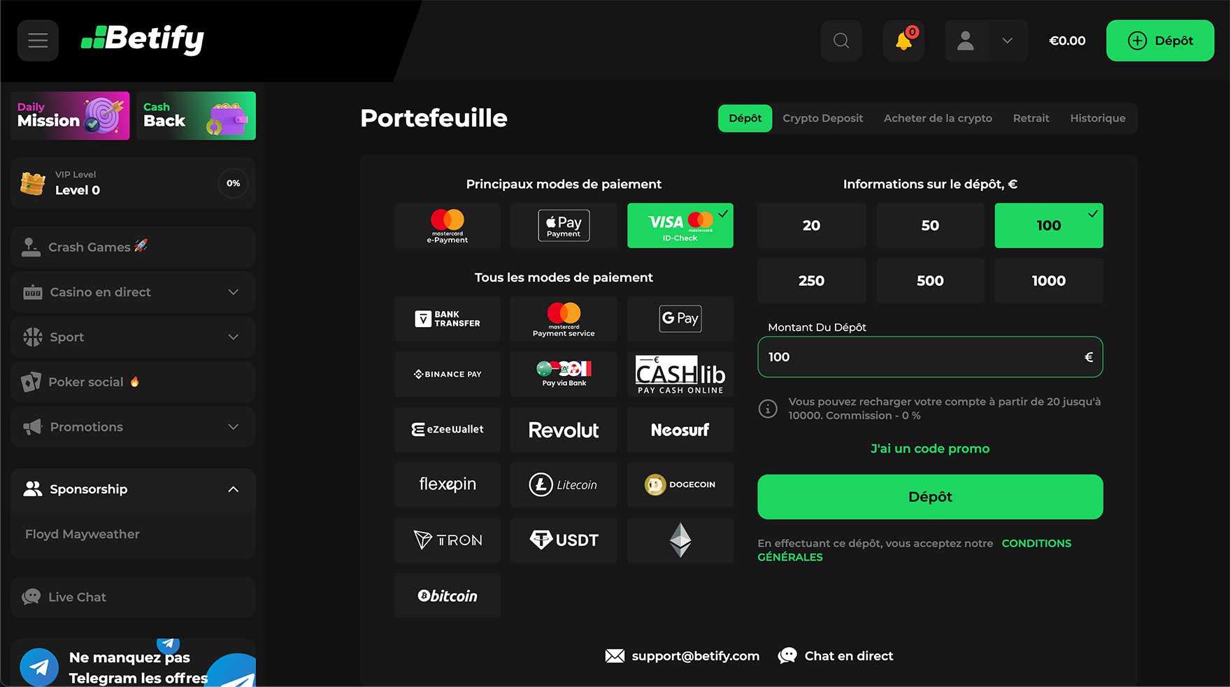 Premier dépôt sur le casino en ligne Betify