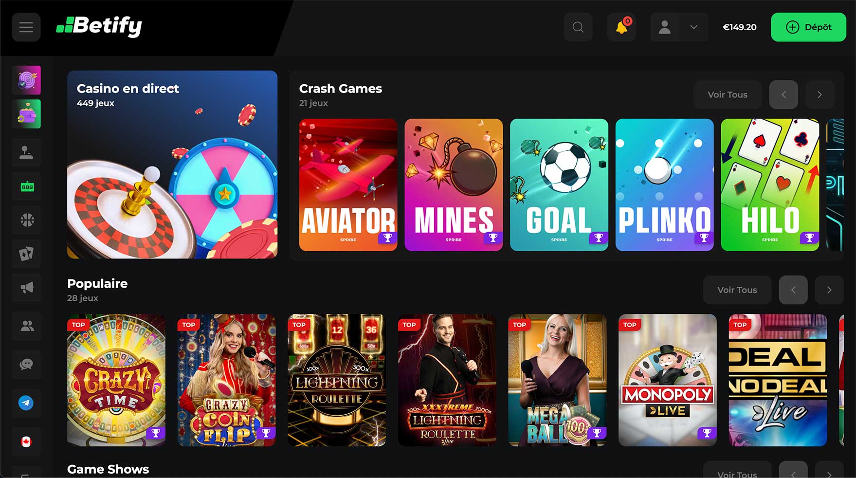 Bibliothèque des jeux du casino en ligne Betify