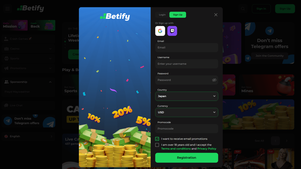 Betifyオンラインカジノに登録する