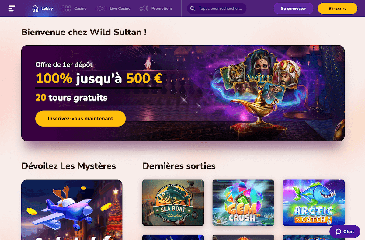 Wild Sultan - Inscription 100% up to 500€ + 20 Free Spins
