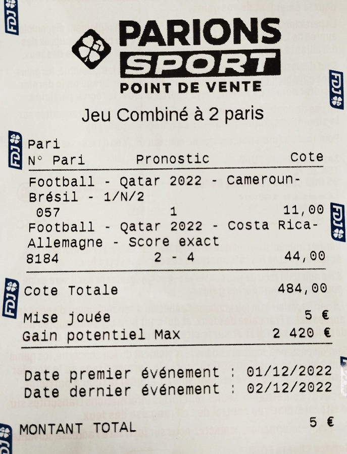 un bulletin validé chez un buraliste pour un score exact