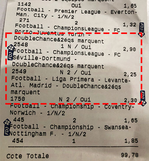un bulletin validé chez un buraliste pour un pari double chance