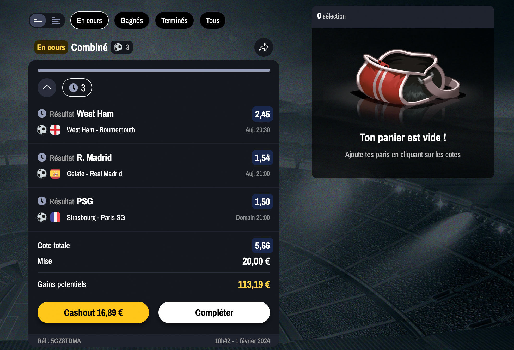 Exemple d'un cashout dans les paris sportifs sur un bookmaker
