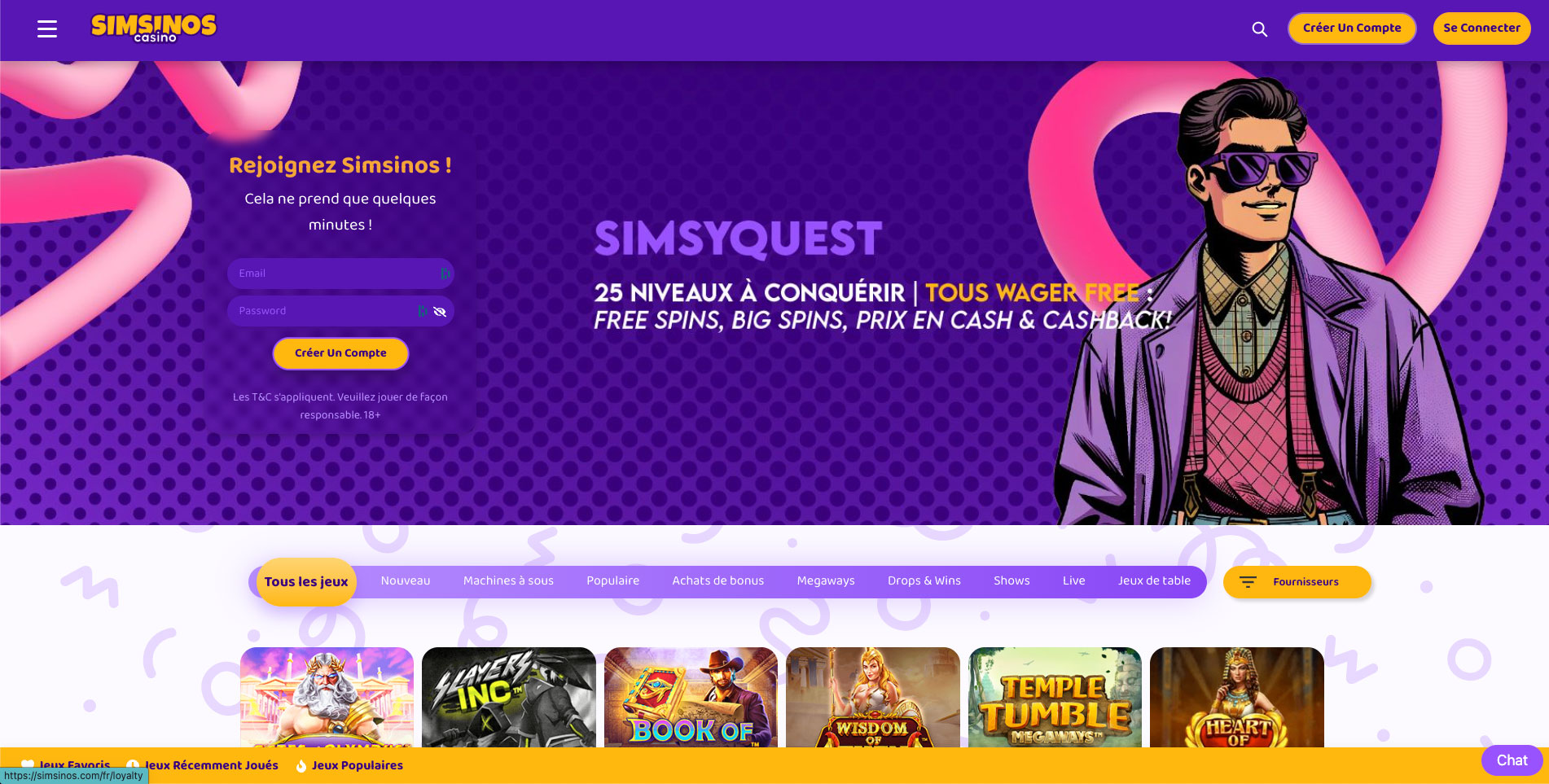 Homepage sur le casino en ligne Simsinos