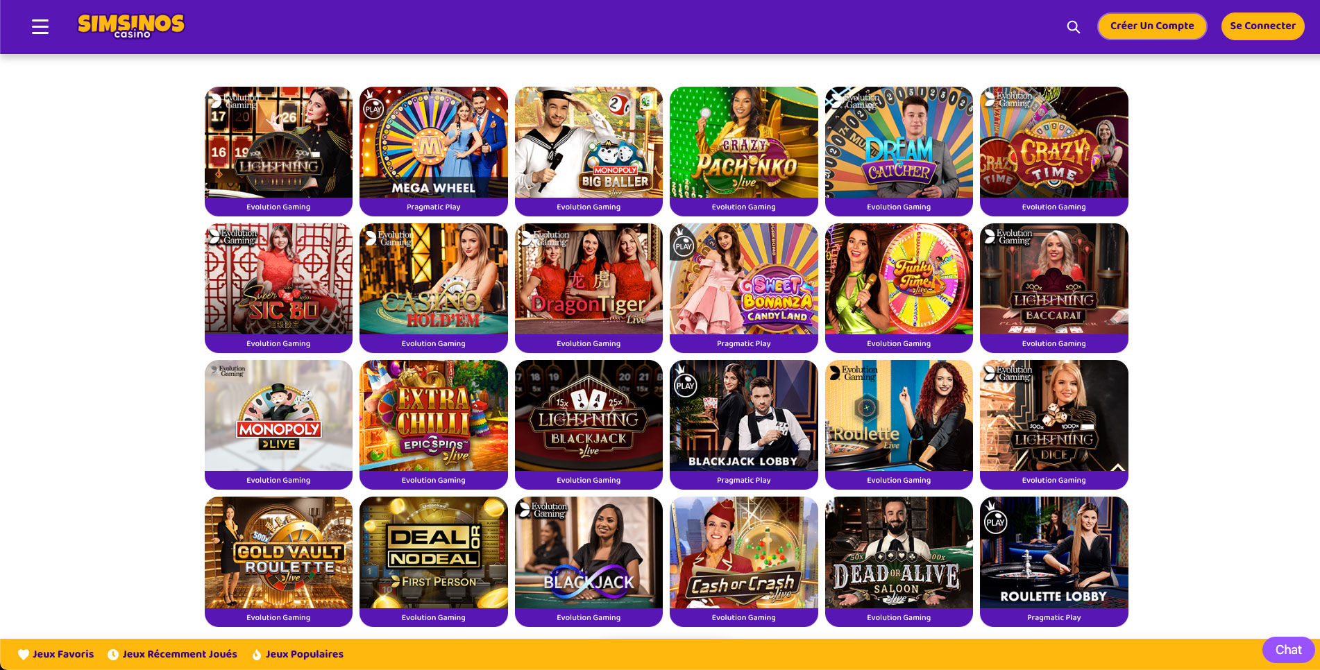 Live casino simsinos jeux en direct