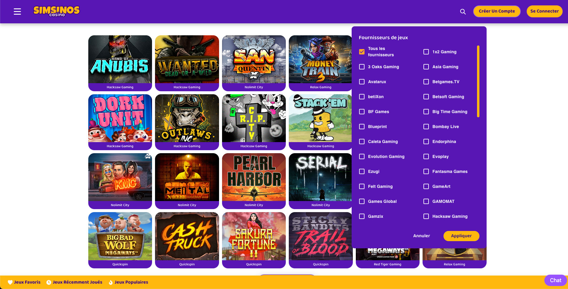 Fournisseur des jeux sur le casino en ligne Simsinos
