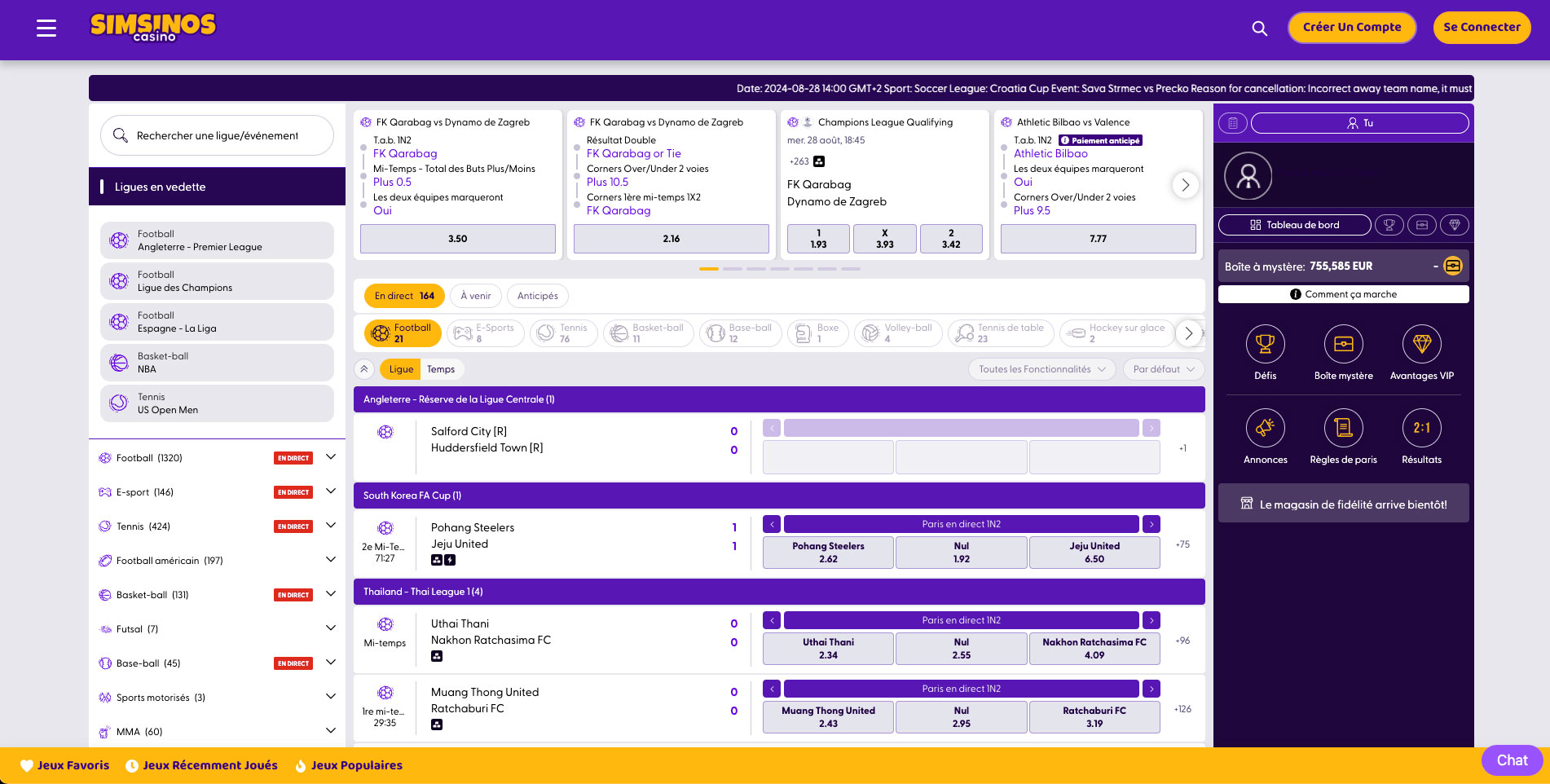 Section des paris sportifs sur le casino en ligne Simsinos