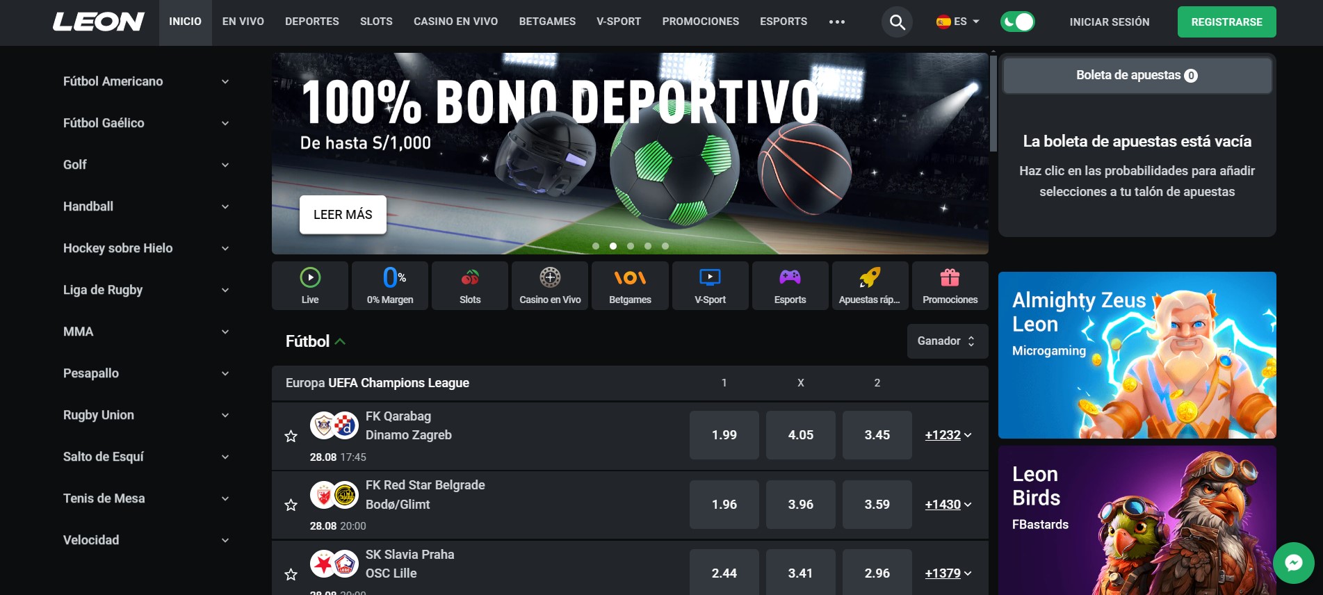 Página de inicio en el casino en línea Leon57