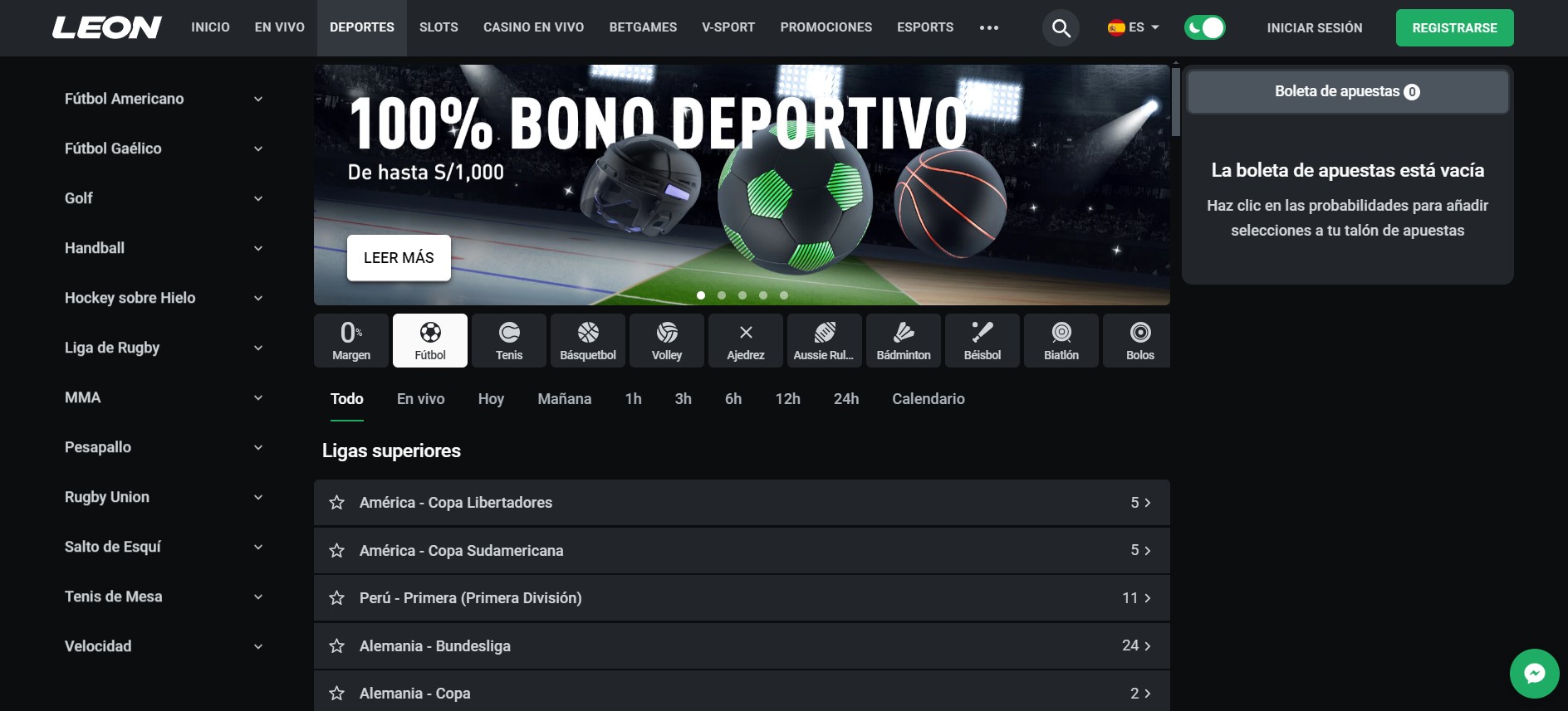 Sección de apuestas deportivas en el casino en línea Leonbet